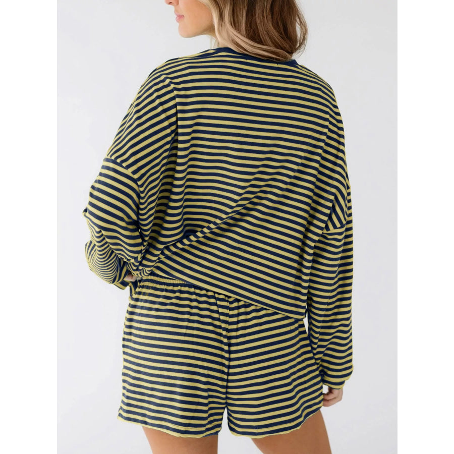 Casual Striped Long Sleeve Top and Shorts Set Apparel and Accessories