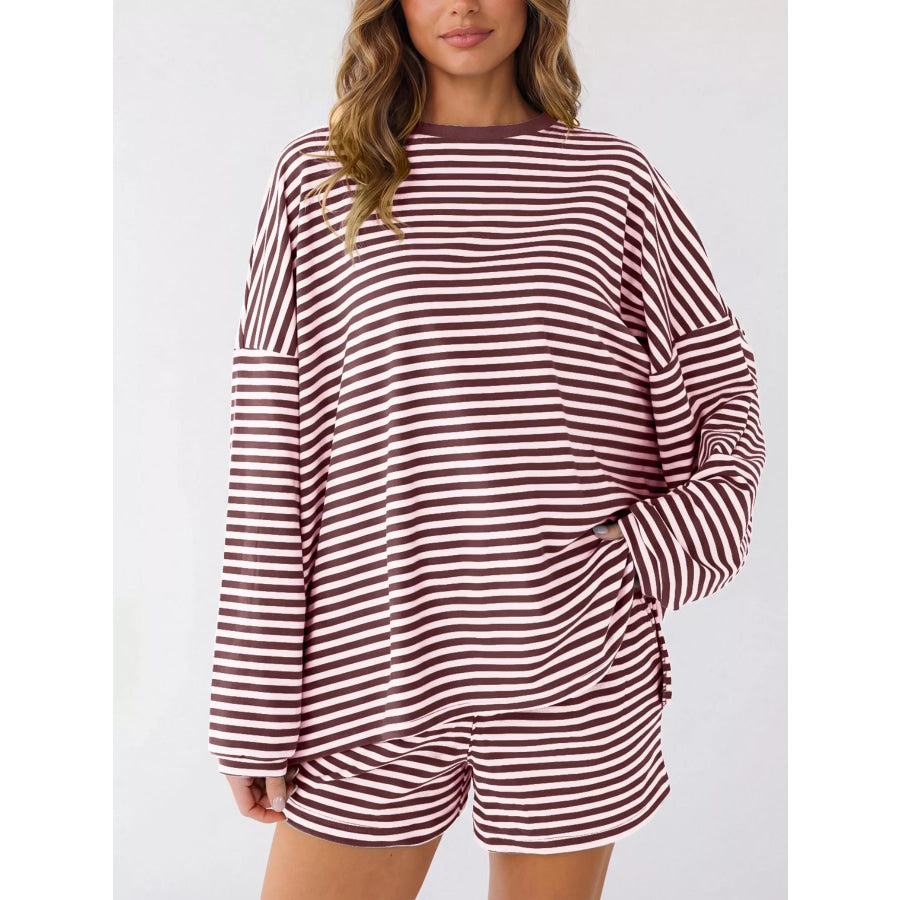 Casual Striped Long Sleeve Top and Shorts Set Apparel and Accessories