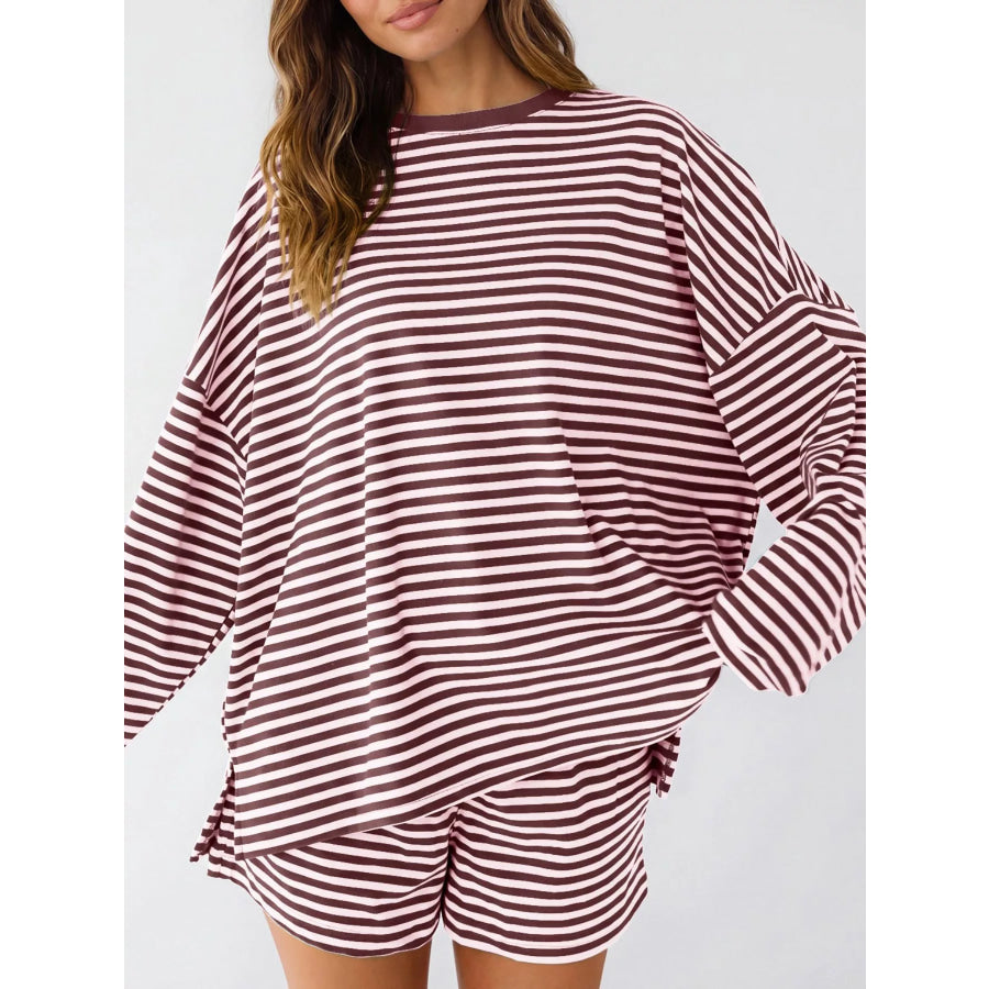 Casual Striped Long Sleeve Top and Shorts Set Apparel and Accessories