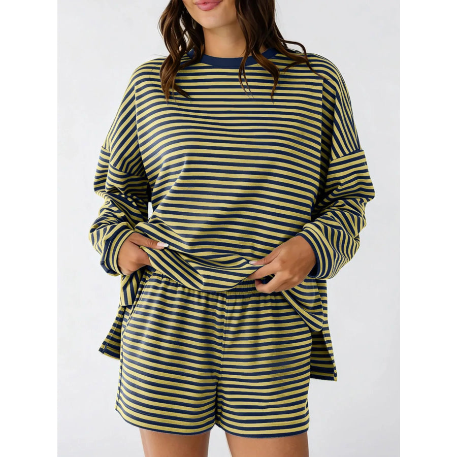 Casual Striped Long Sleeve Top and Shorts Set Apparel and Accessories
