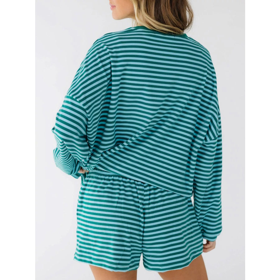 Casual Striped Long Sleeve Top and Shorts Set Apparel and Accessories