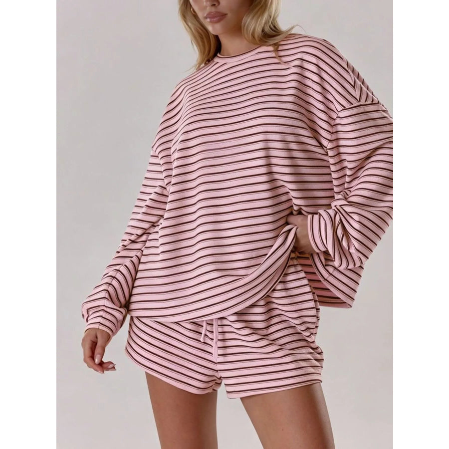 Casual Striped Long-Sleeve Top and Shorts Set Apparel and Accessories