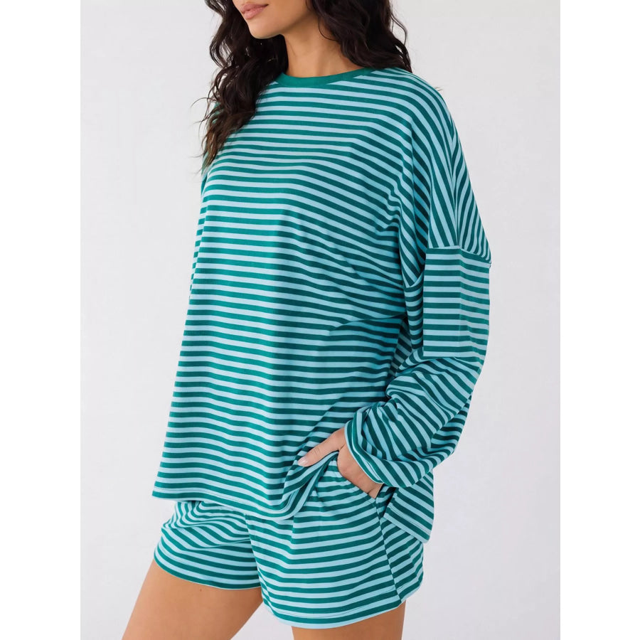 Casual Striped Long Sleeve Top and Shorts Set Apparel and Accessories