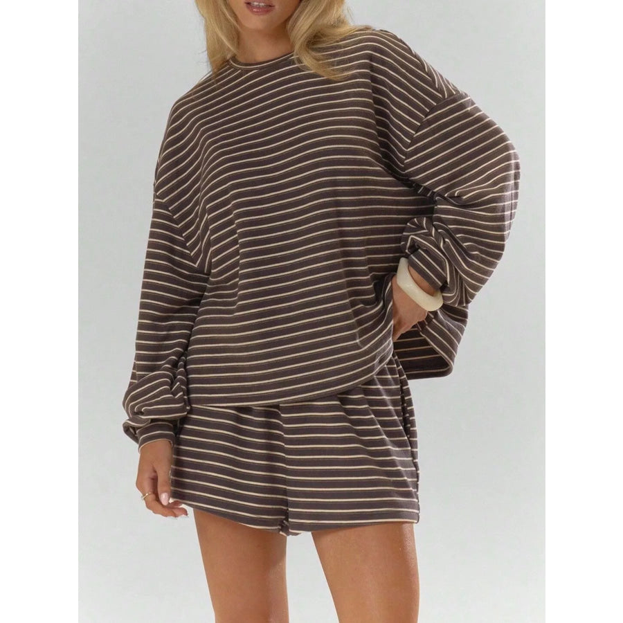 Casual Striped Long-Sleeve Top and Shorts Set Coffee Brown / S Apparel and Accessories