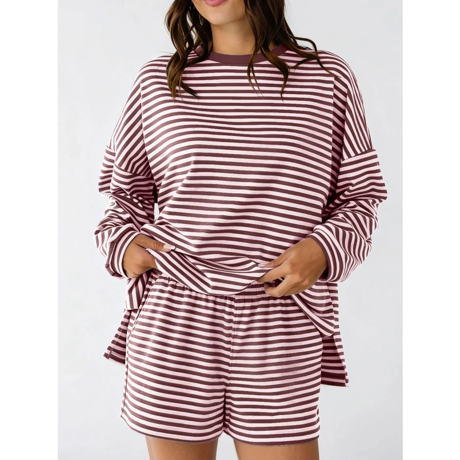Casual Striped Long Sleeve Top and Shorts Set Mocha / S Apparel and Accessories