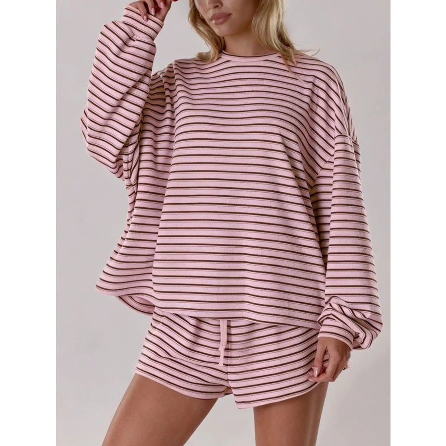 Casual Striped Long-Sleeve Top and Shorts Set Pink / S Apparel and Accessories
