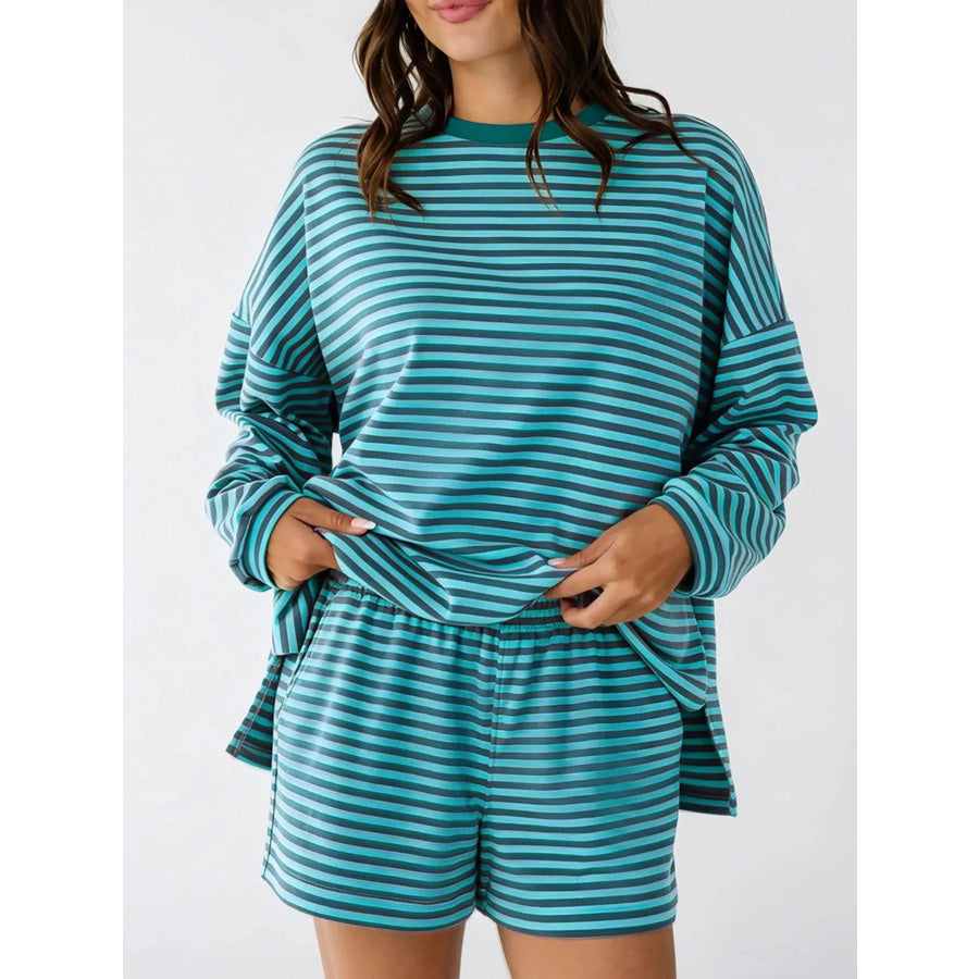 Casual Striped Long Sleeve Top and Shorts Set Teal / S Apparel and Accessories