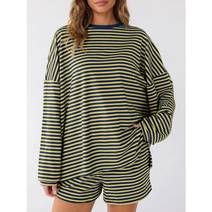 Casual Striped Long Sleeve Top and Shorts Set Yellow / S Apparel and Accessories