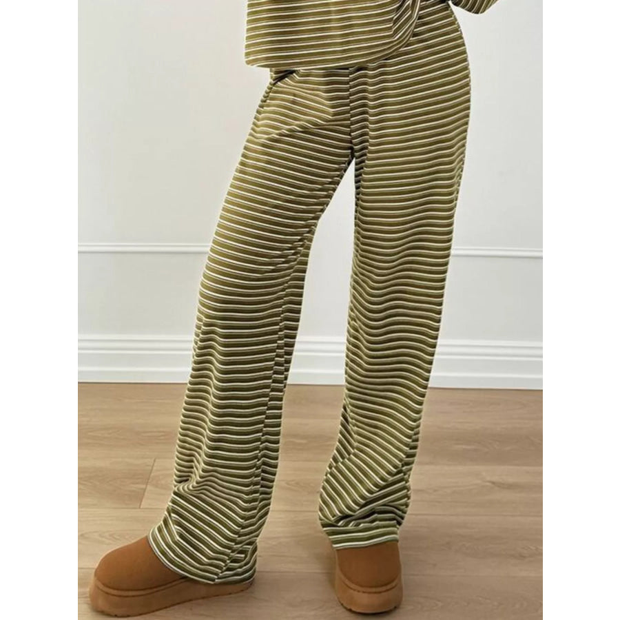 Casual Striped Polo Collar Long Sleeve Top and Wide-Leg Pants Set Apparel Accessories
