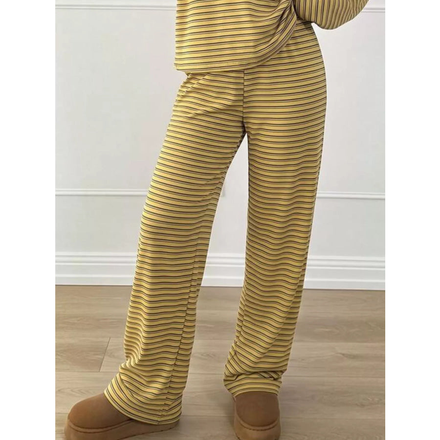 Casual Striped Polo Collar Long Sleeve Top and Wide-Leg Pants Set Apparel Accessories