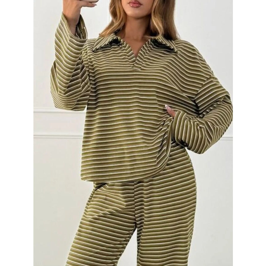Casual Striped Polo Collar Long Sleeve Top and Wide-Leg Pants Set Apparel Accessories