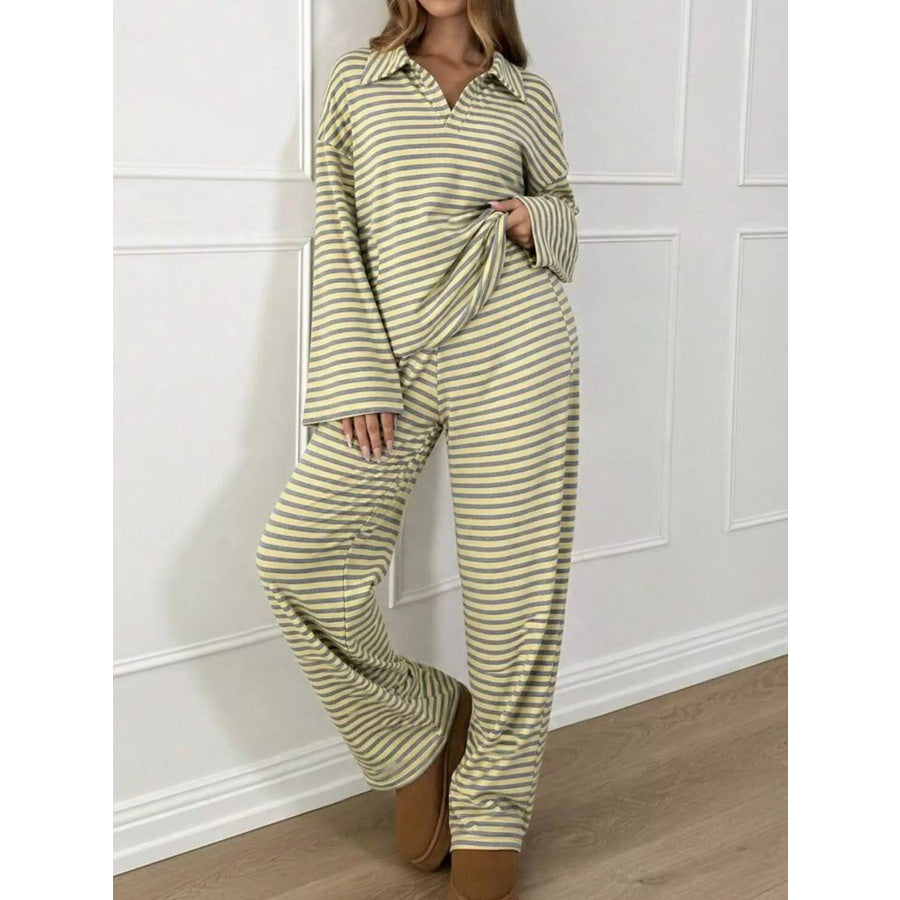 Casual Striped Polo Collar Long Sleeve Top and Wide-Leg Pants Set Apparel Accessories