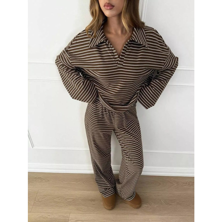 Casual Striped Polo Collar Long Sleeve Top and Wide-Leg Pants Set Apparel Accessories