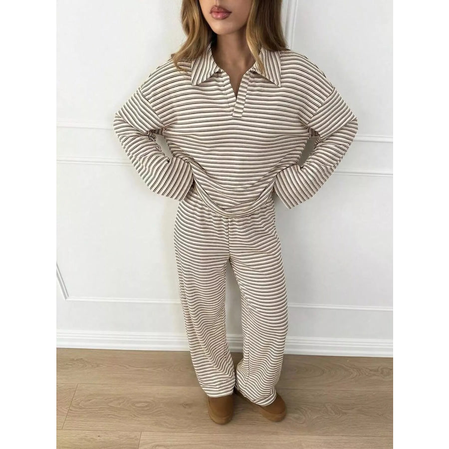 Casual Striped Polo Collar Long Sleeve Top and Wide-Leg Pants Set Apparel Accessories