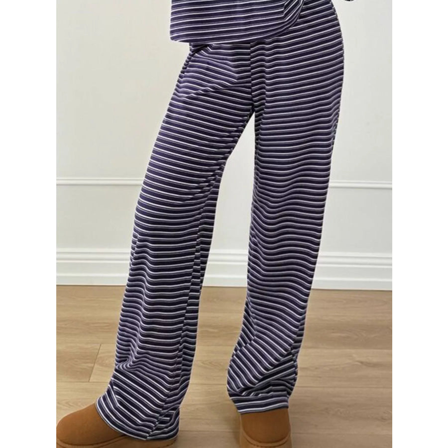 Casual Striped Polo Collar Long Sleeve Top and Wide-Leg Pants Set Apparel Accessories