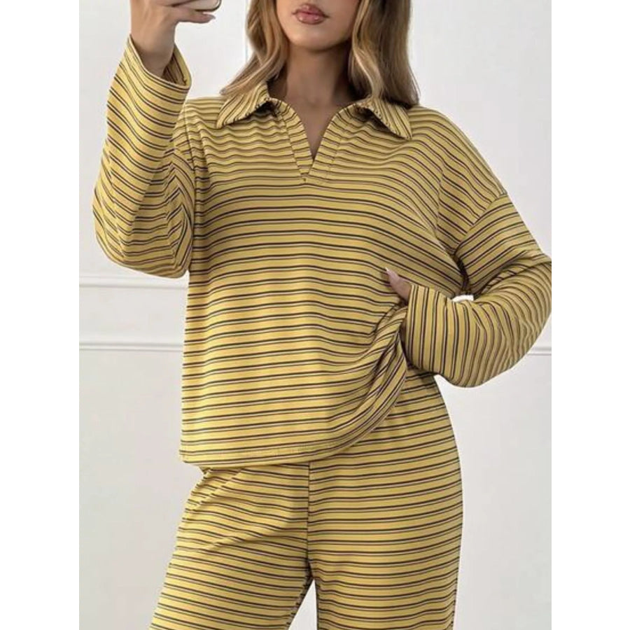 Casual Striped Polo Collar Long Sleeve Top and Wide-Leg Pants Set Apparel Accessories