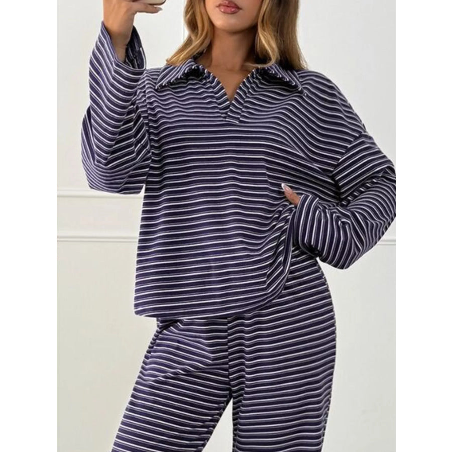 Casual Striped Polo Collar Long Sleeve Top and Wide-Leg Pants Set Apparel Accessories