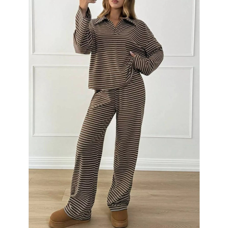 Casual Striped Polo Collar Long Sleeve Top and Wide-Leg Pants Set Apparel Accessories