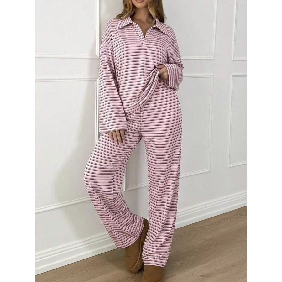Casual Striped Polo Collar Long Sleeve Top and Wide-Leg Pants Set Apparel Accessories