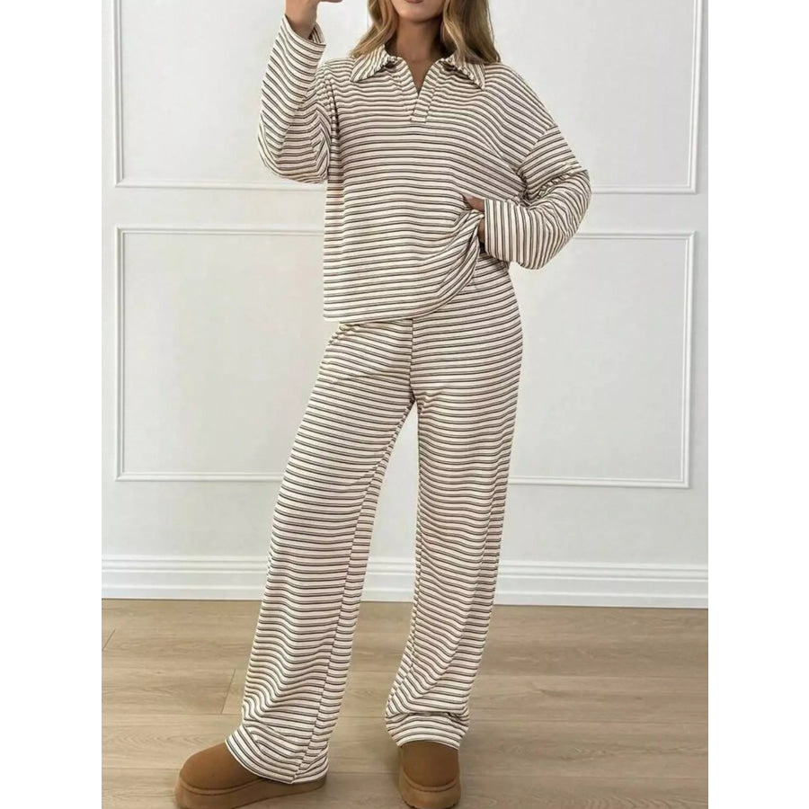 Casual Striped Polo Collar Long Sleeve Top and Wide-Leg Pants Set Apricot / S Apparel Accessories