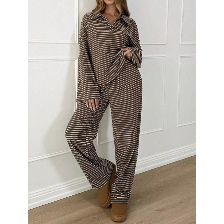 Casual Striped Polo Collar Long Sleeve Top and Wide-Leg Pants Set Coffee Brown / S Apparel Accessories