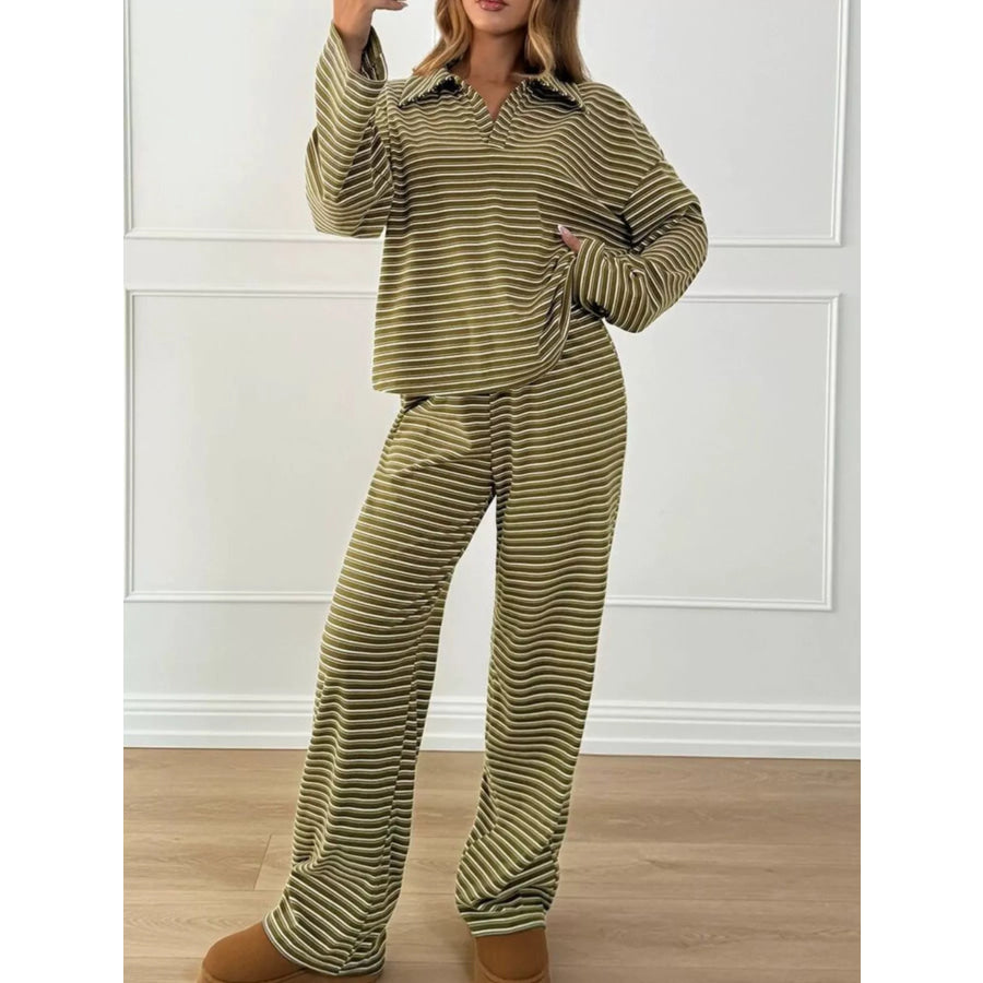 Casual Striped Polo Collar Long Sleeve Top and Wide-Leg Pants Set Dark Green / S Apparel Accessories