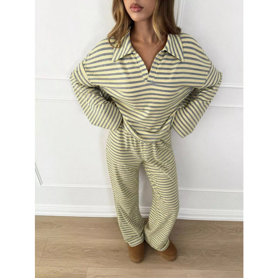 Casual Striped Polo Collar Long Sleeve Top and Wide-Leg Pants Set Light Green / S Apparel Accessories
