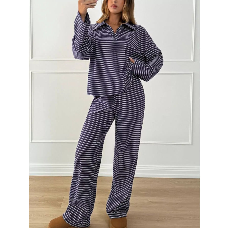 Casual Striped Polo Collar Long Sleeve Top and Wide-Leg Pants Set Navy / S Apparel Accessories