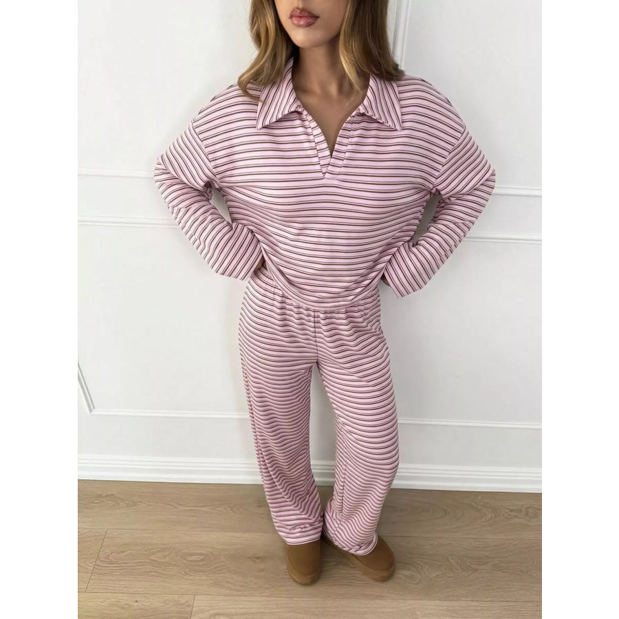 Casual Striped Polo Collar Long Sleeve Top and Wide-Leg Pants Set Pink / S Apparel Accessories