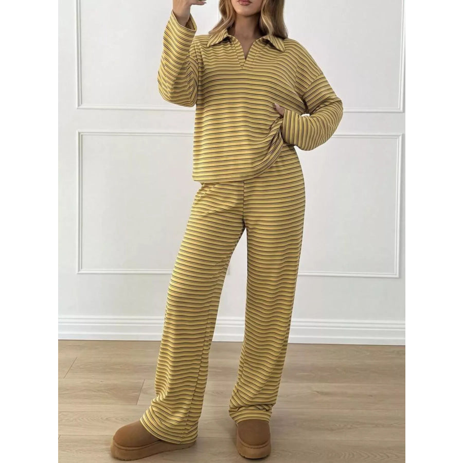 Casual Striped Polo Collar Long Sleeve Top and Wide-Leg Pants Set Yellow / S Apparel Accessories