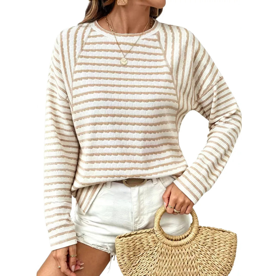 Casual Striped Raglan Sleeve Long-Sleeve T-Shirt Apricot / S Apparel and Accessories