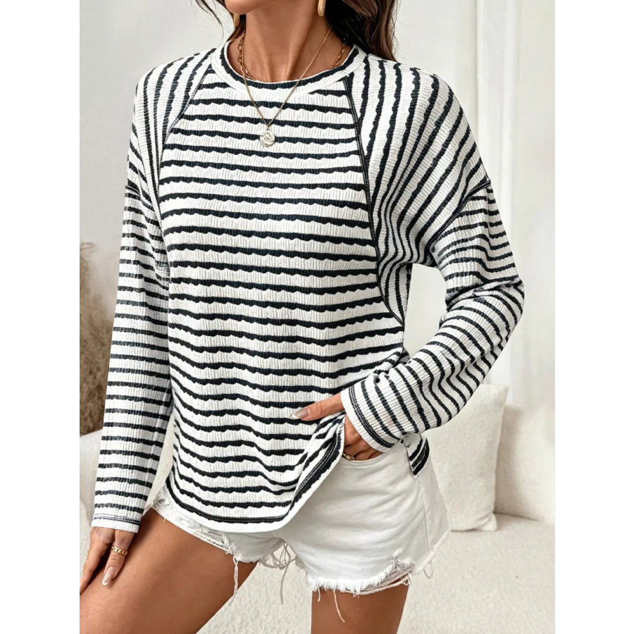 Casual Striped Raglan Sleeve Long-Sleeve T-Shirt Black / S Apparel and Accessories
