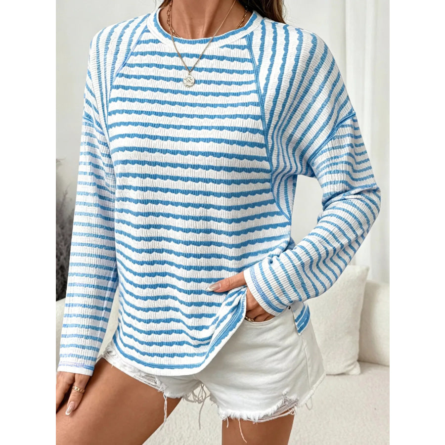 Casual Striped Raglan Sleeve Long-Sleeve T-Shirt Blue / S Apparel and Accessories