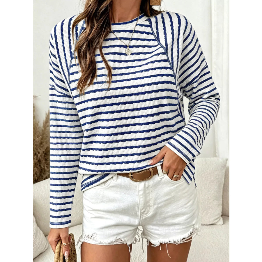 Casual Striped Raglan Sleeve Long-Sleeve T-Shirt Navy Blue / S Apparel and Accessories