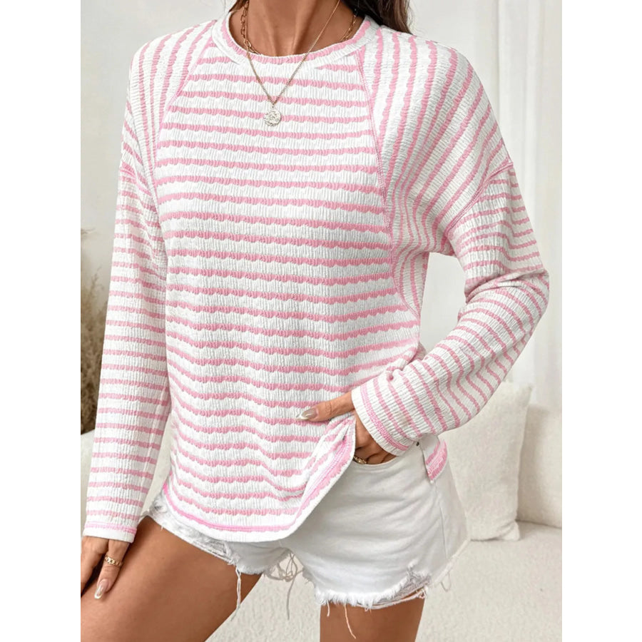 Casual Striped Raglan Sleeve Long-Sleeve T-Shirt Pink / S Apparel and Accessories