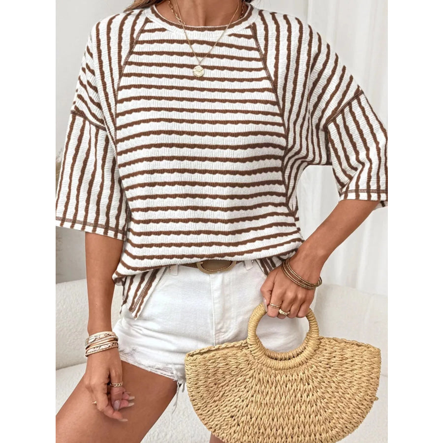 Casual Striped Raglan Sleeve Textured T-Shirt Apparel and Accessories