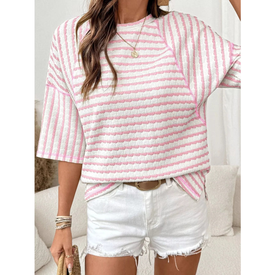 Casual Striped Raglan Sleeve Textured T-Shirt Apparel and Accessories