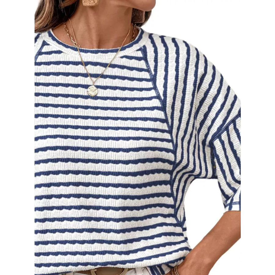 Casual Striped Raglan Sleeve Textured T-Shirt Apparel and Accessories