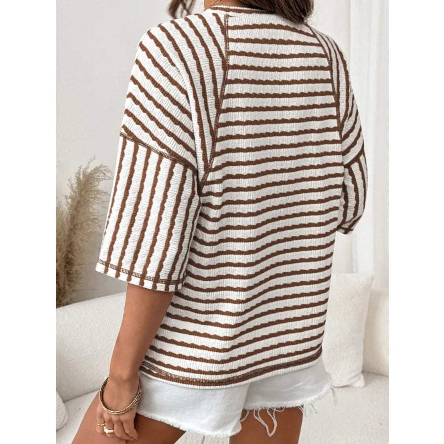 Casual Striped Raglan Sleeve Textured T-Shirt Apparel and Accessories