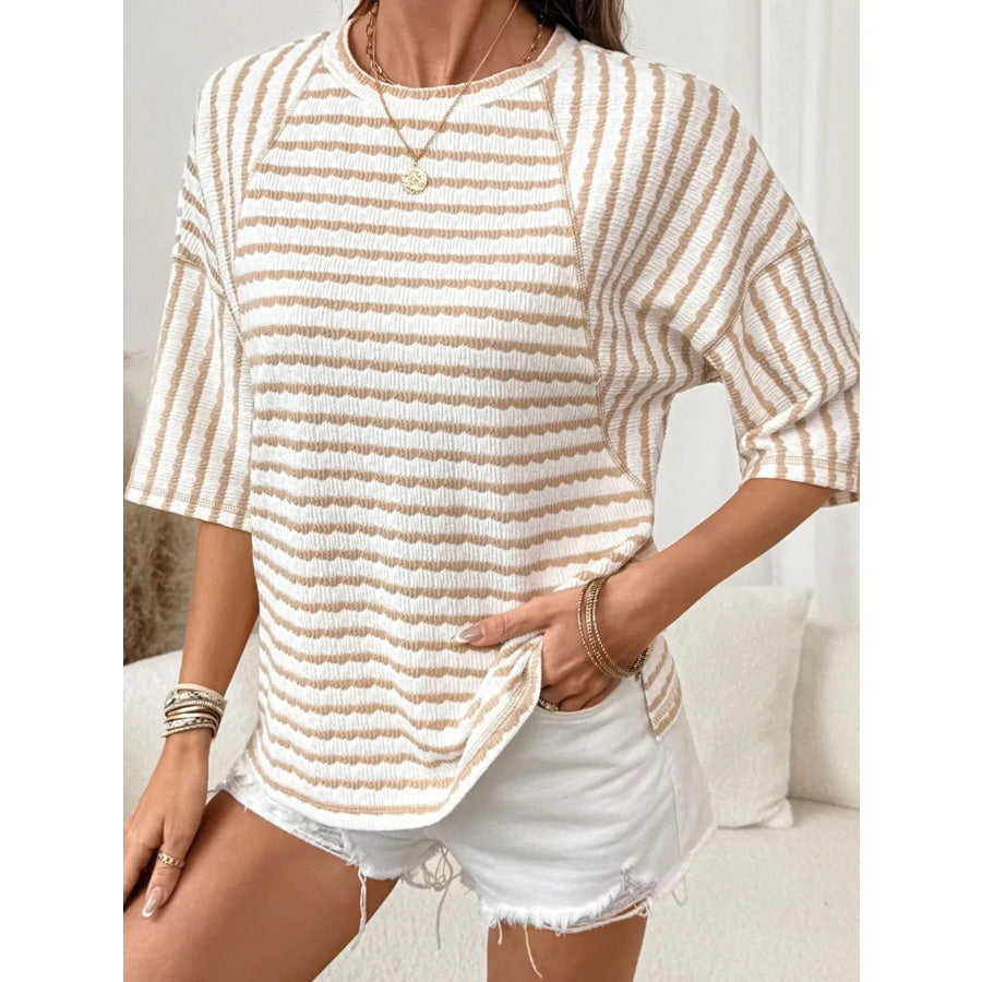 Casual Striped Raglan Sleeve Textured T-Shirt Apparel and Accessories