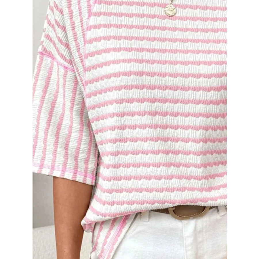 Casual Striped Raglan Sleeve Textured T-Shirt Apparel and Accessories