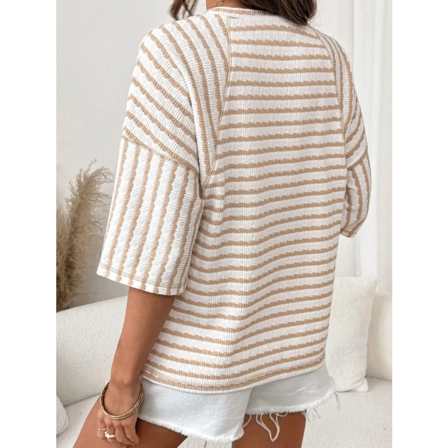 Casual Striped Raglan Sleeve Textured T-Shirt Apparel and Accessories