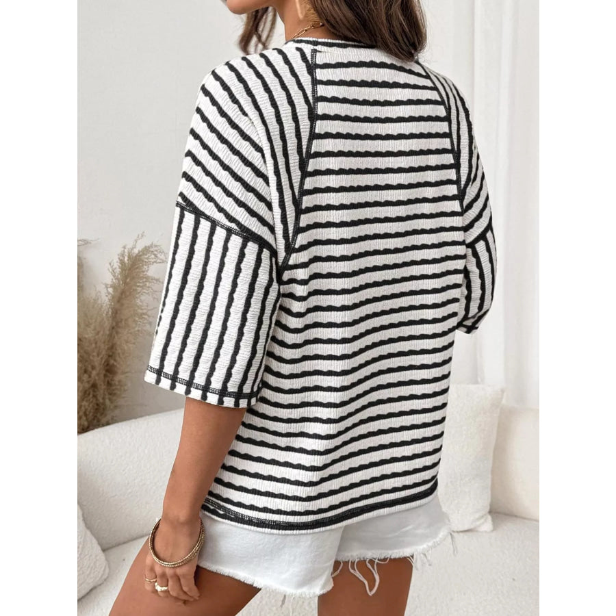 Casual Striped Raglan Sleeve Textured T-Shirt Apparel and Accessories
