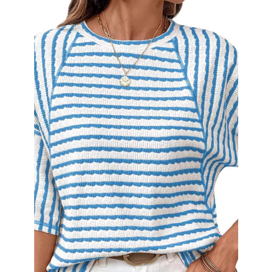 Casual Striped Raglan Sleeve Textured T-Shirt Apparel and Accessories