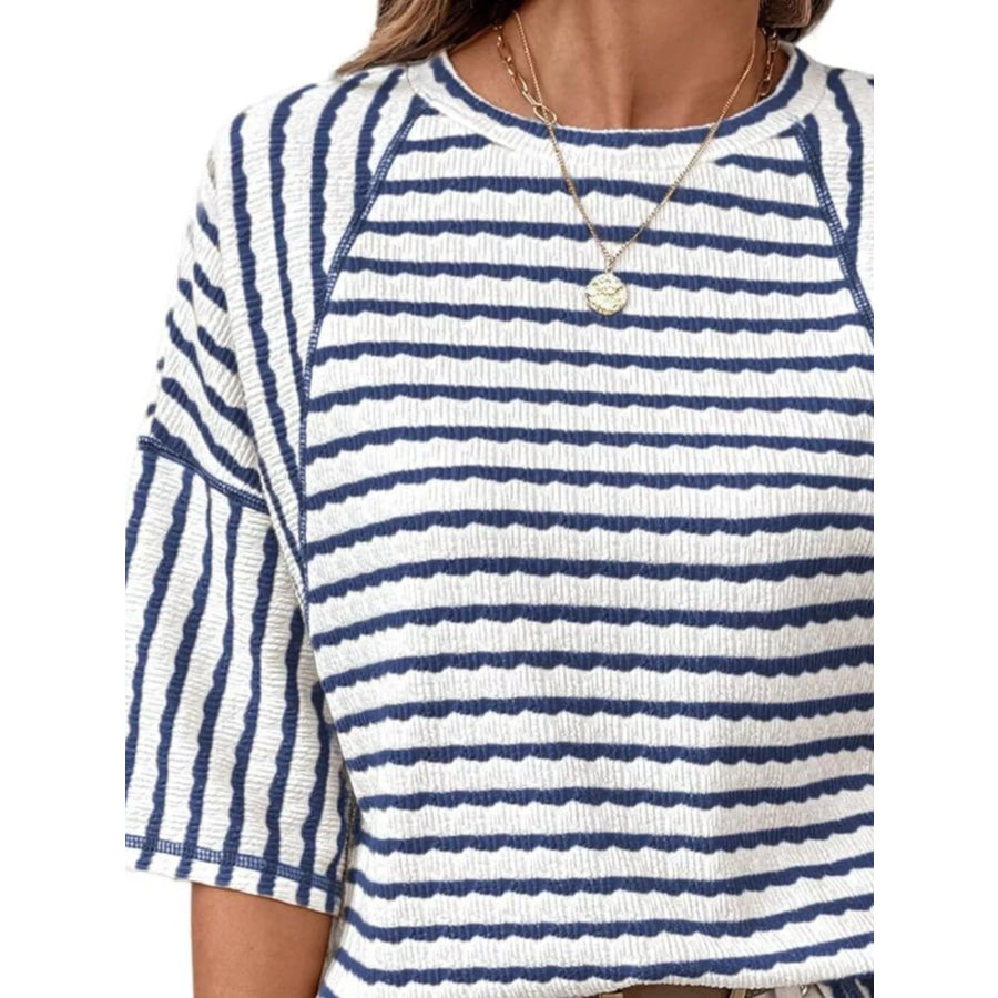 Casual Striped Raglan Sleeve Textured T-Shirt Apparel and Accessories
