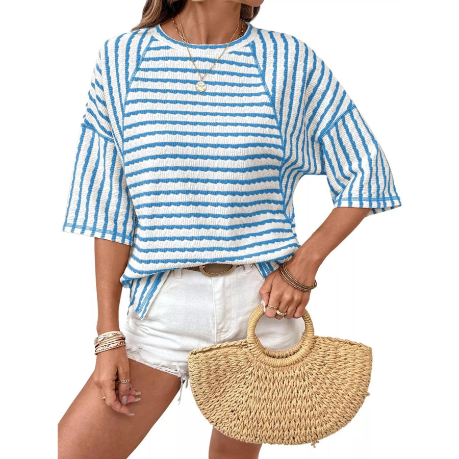 Casual Striped Raglan Sleeve Textured T-Shirt Apparel and Accessories