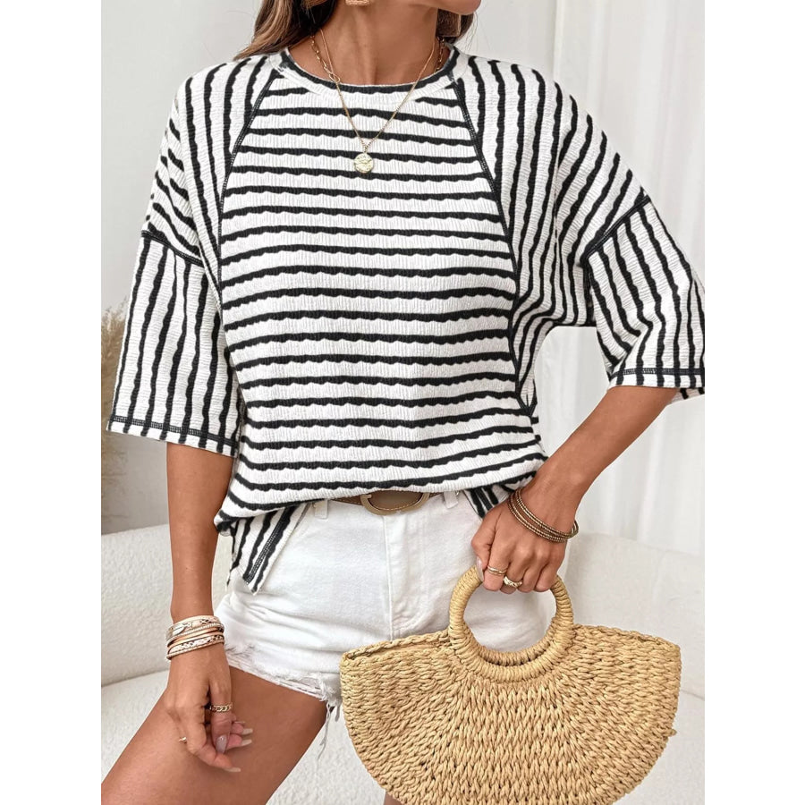 Casual Striped Raglan Sleeve Textured T-Shirt Apparel and Accessories