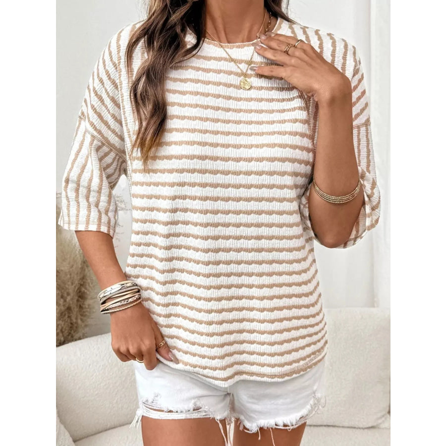 Casual Striped Raglan Sleeve Textured T-Shirt Apricot / S Apparel and Accessories
