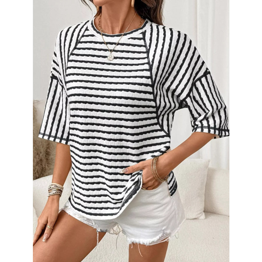 Casual Striped Raglan Sleeve Textured T-Shirt Black / S Apparel and Accessories