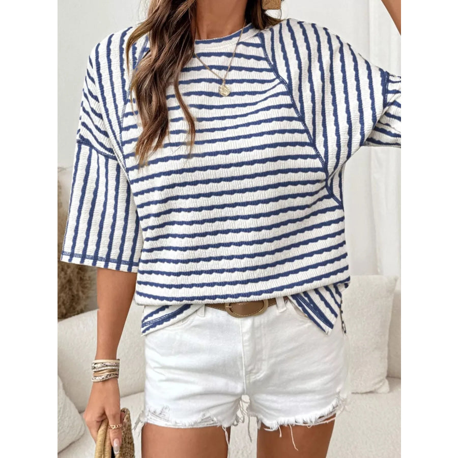 Casual Striped Raglan Sleeve Textured T-Shirt Navy Blue / S Apparel and Accessories